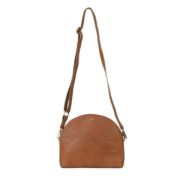 Small Half-Moon Camel Leather Crossbody Bag with full strap