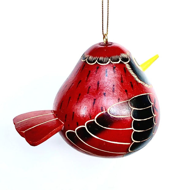 Hand-carved Birdie Cardinal Gourd Christmas Ornament back view