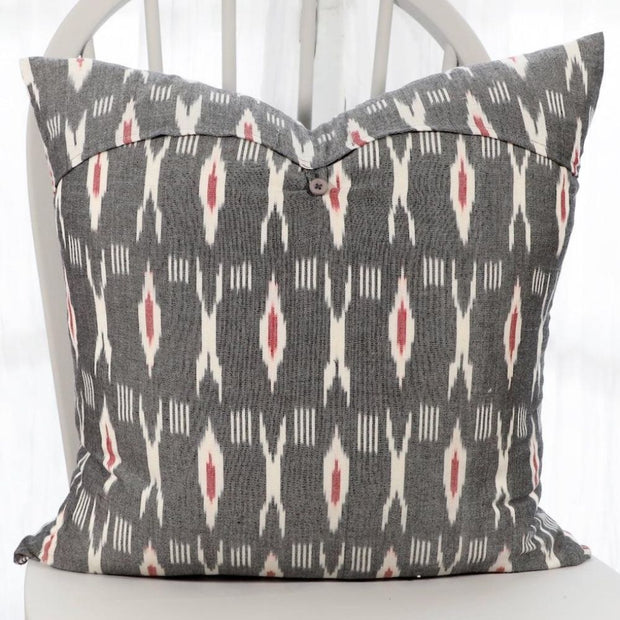 Ikat Fabric XO XO Grey and Red Throw Pillow back view