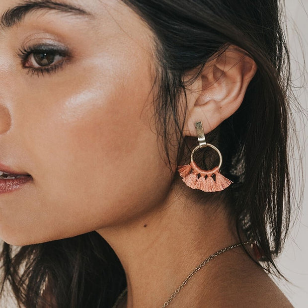 Danu Tassle Hoop Post Earrings - Coral on model