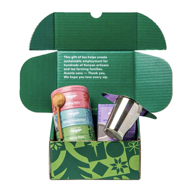 Loose Leaf Tea Holiday Gift Box open showing tea and infuser