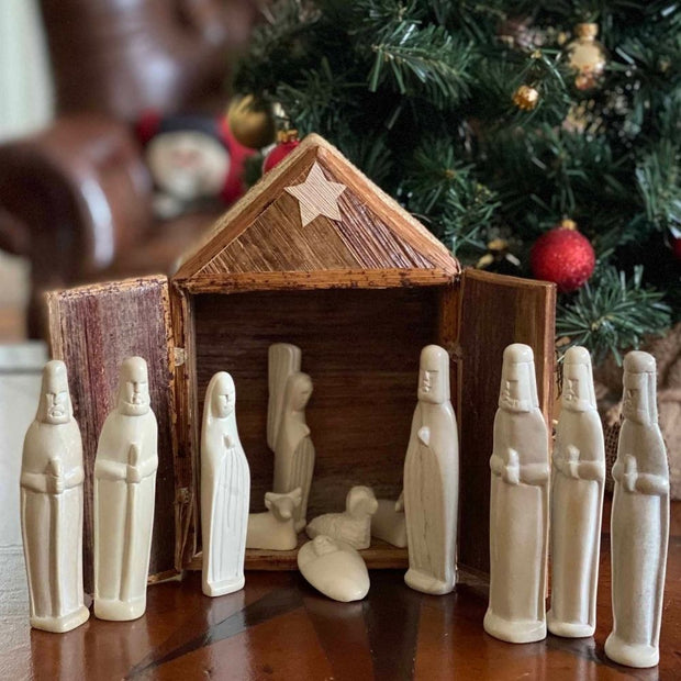 13-Piece Soapstone Nativity and Banana Fiber Barn Set lifestyle