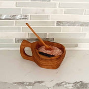 Reclaimed Olive Wood Salt Pot with Spoon in use