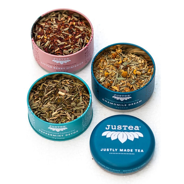 JusTea Loose Leaf Herbal Tea Trio Gift Tin open tins