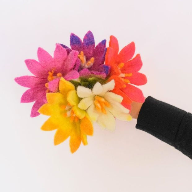 Sweetheart Felt Flower Bouquet held by hand and showing flowers from above