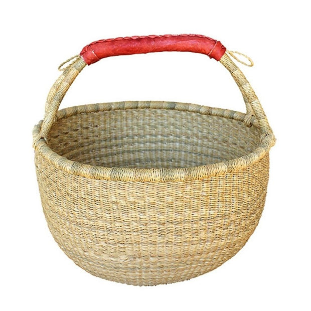 Bolga Medium Round Natural Basket with Leather Handle sideview