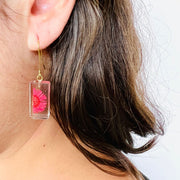 Resin Bar Earrings with Fuchsia Daisies on model