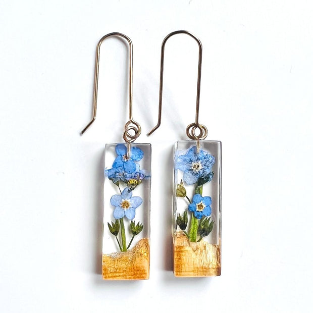 Resin Bar Earrings with Palo Santo and Forget-me-not Flowers