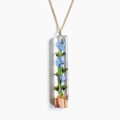 Resin Bar Pendant Necklace with Palo Santo and Forget-me-not Flowers 
