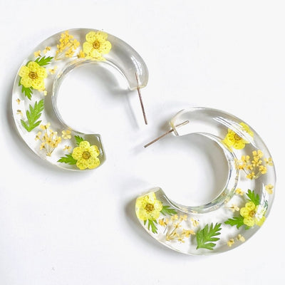 Resin Large Hoop Post Earrings with Yellow Corn Poppy Flowers