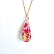 Resin Teardrop Pendant Necklace with Rose Petals and Gold Leaf accents