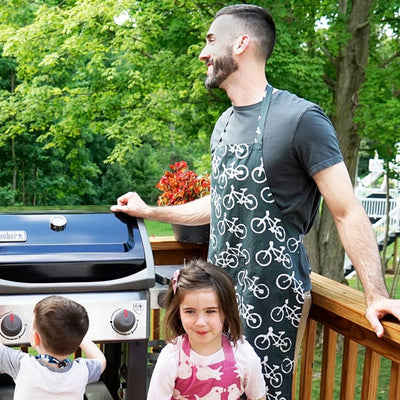 Printed Batik Fabric Reversible Apron - Bikes Charcoal lifestyle