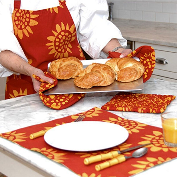 Global Mamas Printed Batik Fabric Reversible Apron - Sunflower Red-lifestyle