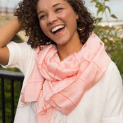 Nguyet Peachy Pink Silk Linen Scarf on female model