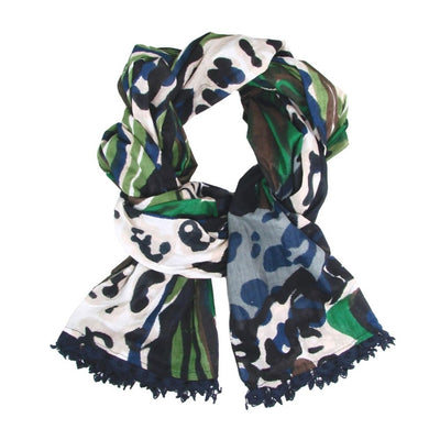 Watercolor Scarf with Navy Crochet Trim