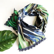 Watercolor Scarf with Navy Crochet Trim styled