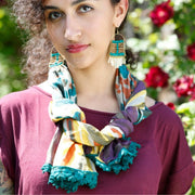 Watercolor Scarf with Teal Crochet Trim lifestyle