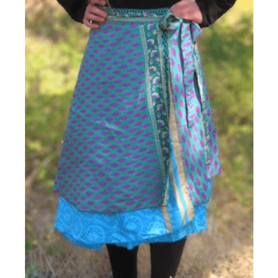 Two-tier reversible recycled silk wrap skirt. One size fits all