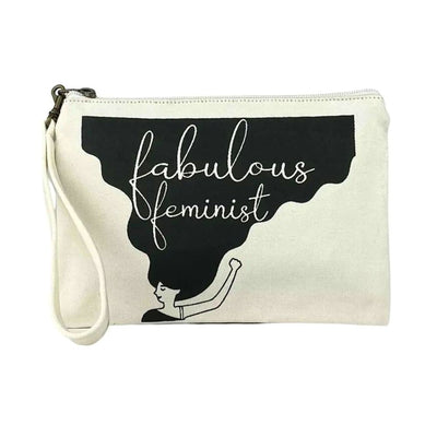 White Wristlet Pouch with Fabulous Feminist print on one side