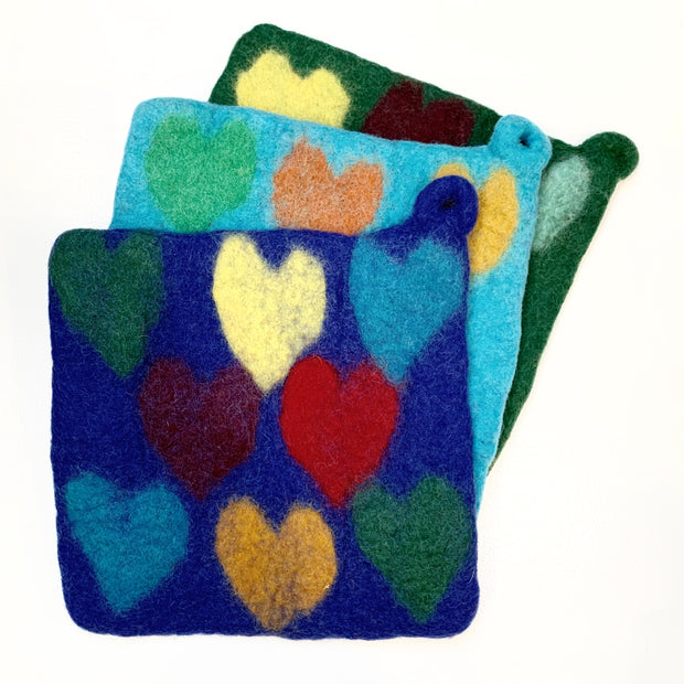 Handmade and Fair Trade Colorful Felt Wool Potholder - Hearts