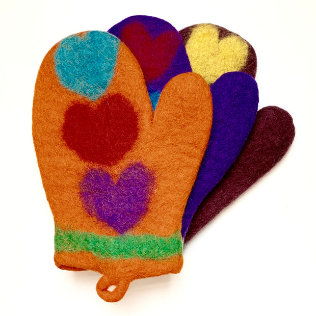 Colorful Felted Wool Oven Mitts - Hearts