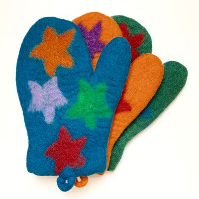 Colorful Felted Wool Oven Mitts - Stars