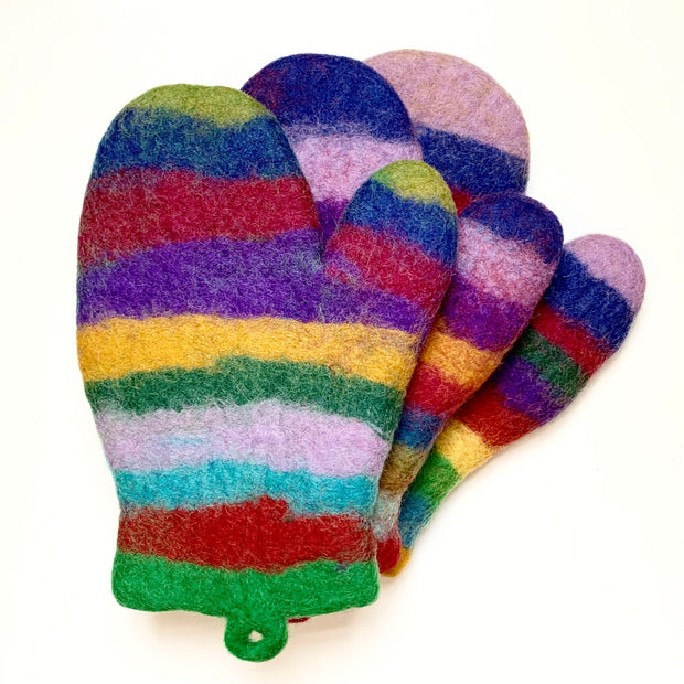 Colorful Felted Wool Oven Mitts - Stripes