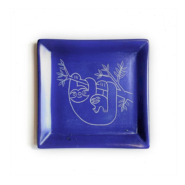 Square Soapstone Dish with Loving Sloth Parent holding its little one
