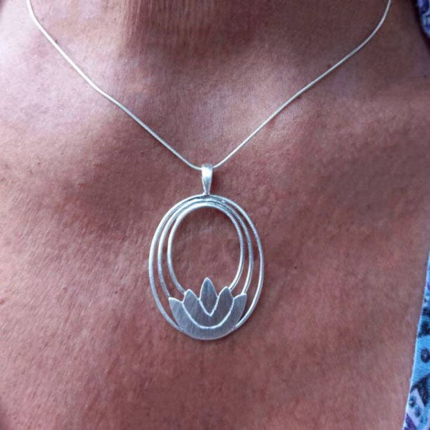 Sterling Silver Lotus Pendant Necklace from Bali-Indonesia on model