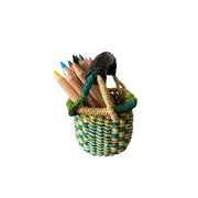 Tiny Miniature Bolga Market Basket with coloring pencils