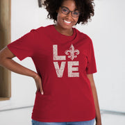 Unisex Short Sleeve Premium Cotton Tee in Cardinal Red - LOVE on female model
