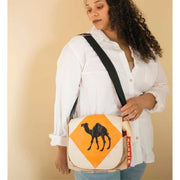 Recycled Cement Sack Small Messenger Bag - Camel on model