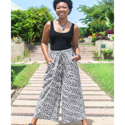 Organic Cotton Wide Leg Pants Morse Code Charcoal on model