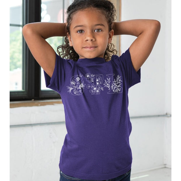 Youth Short Sleeve Premium Cotton Tee in Purple - STL Floral girl model