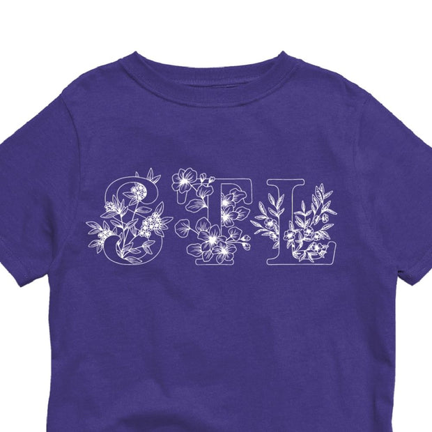 Youth Short Sleeve Premium Cotton Tee in Purple - STL Floral print detail
