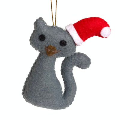 Plush Ornament - Grey Cat with Santa Hat