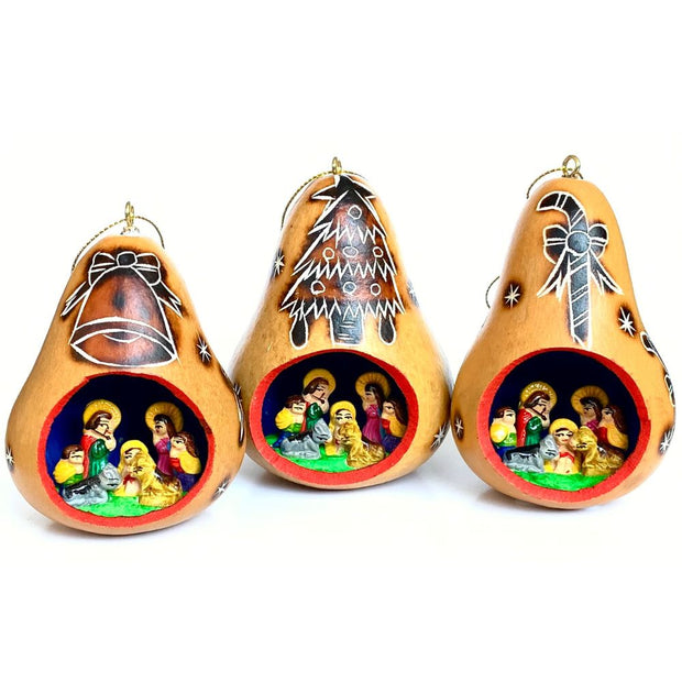 Handmade and Fair Trade Gourd Ornament with Ceramic Nativity Scene assorted designs