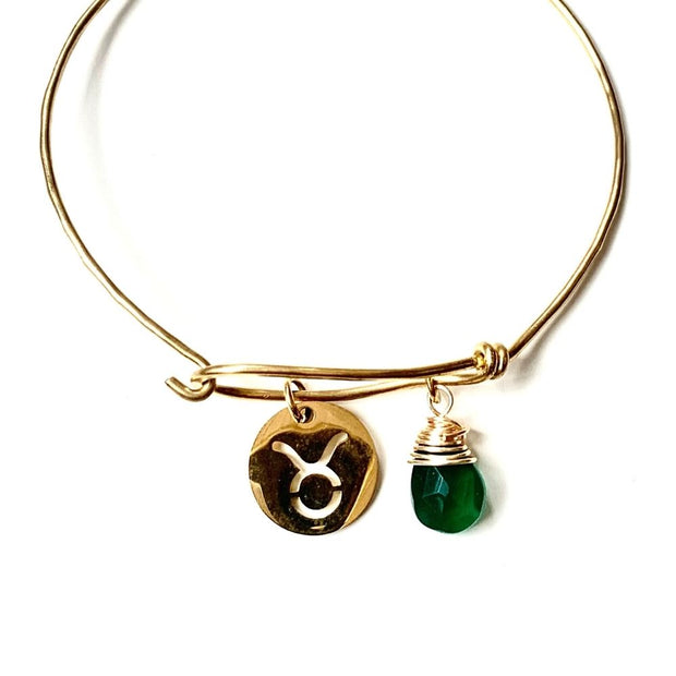 Zodiac Taurus Charm and Green Onyx Bangle Bracelet