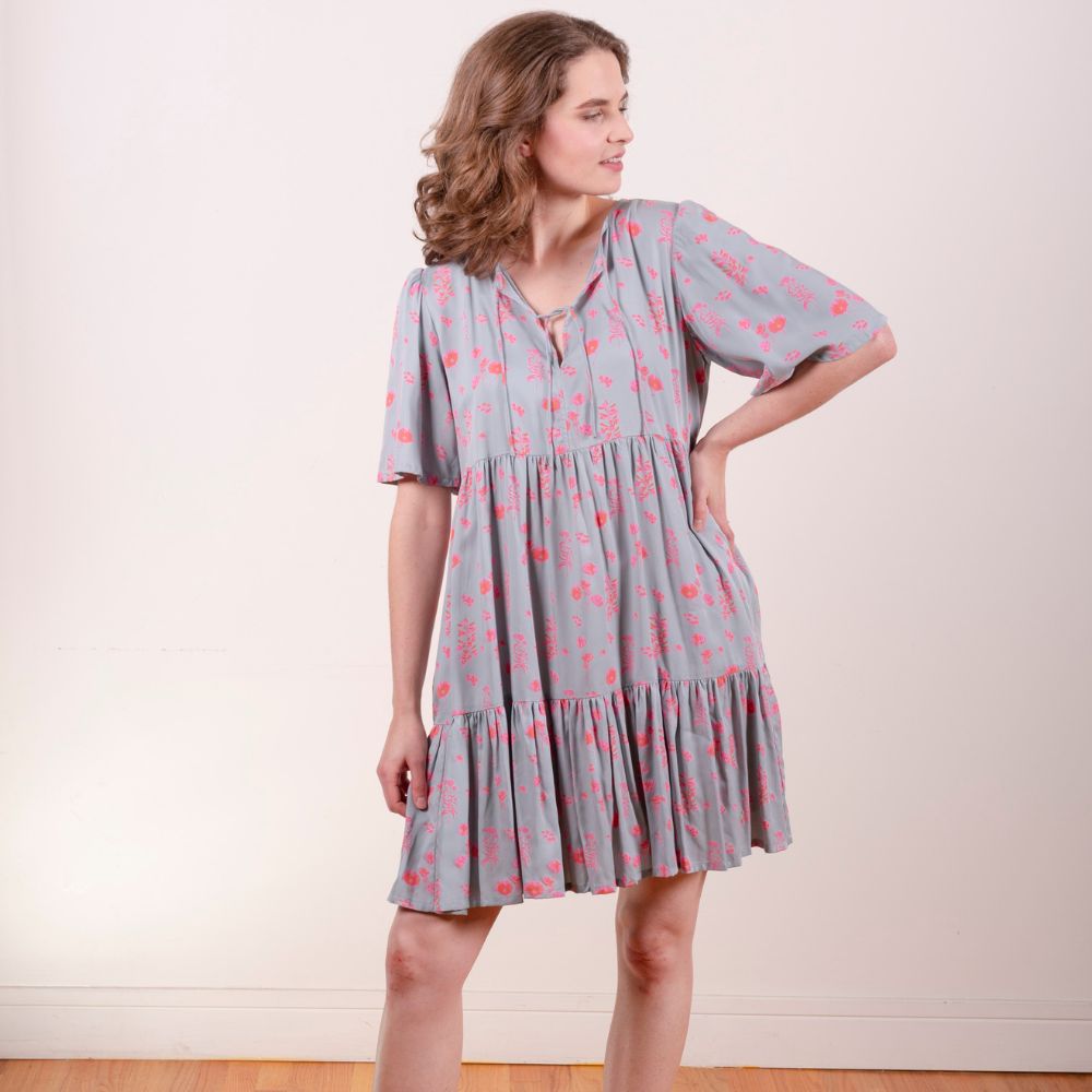 Adelaide Tiered Mini Dress Botanical Slate - Fair Trade Dresses | Mata Traders Botanical Slate / S