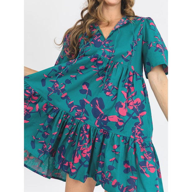 Adelaide Tiered Mini Dress Eucalyptus Teal showing flair